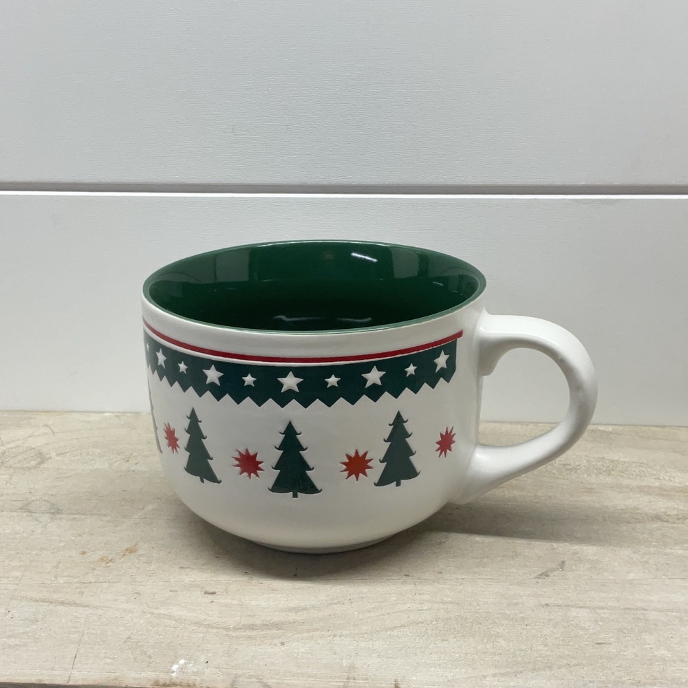 Sleigh Bell Bistro Christmas Tree Star Ceramic Soup Mug White Green Red Holiday